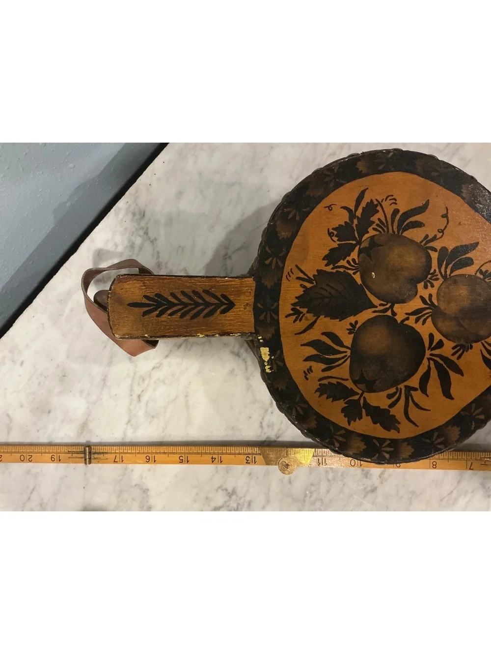 Vintage Tole Painted Fireplace Bellows, Hand Painted Fruit Design, Wood Leather